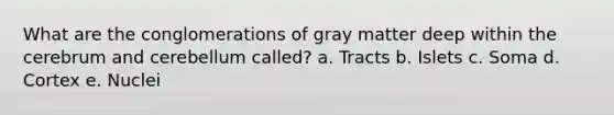 What are the conglomerations of gray matter deep within the cerebrum and cerebellum called? a. Tracts b. Islets c. Soma d. Cortex e. Nuclei