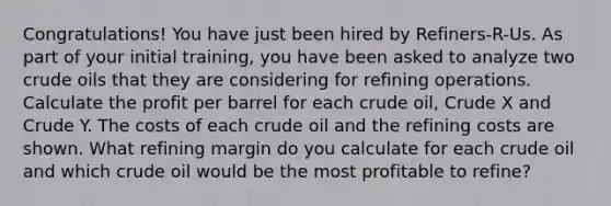 Congratulations! You have just been hired by Refiners-R-Us. As part of your initial training, you have been asked to analyze two crude oils that they are considering for refining operations. Calculate the profit per barrel for each crude oil, Crude X and Crude Y. The costs of each crude oil and the refining costs are shown. What refining margin do you calculate for each crude oil and which crude oil would be the most profitable to refine?