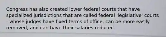 Congress has also created lower federal courts that have specialized jurisdictions that are called federal 'legislative' courts - whose judges have fixed terms of office, can be more easily removed, and can have their salaries reduced.