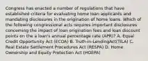 Congress has enacted a number of regulations that have established criteria for evaluating home loan applicants and mandating disclosures in the origination of home loans. Which of the following congressional acts requires important disclosures concerning the impact of loan origination fees and loan discount points on the a loan's annual percentage rate (APR)? A. Equal Credit Opportunity Act (ECOA) B. Truth-in-LendingAct(TILA) C. Real Estate Settlement Procedures Act (RESPA) D. Home Ownership and Equity Protection Act (HOEPA)