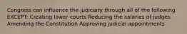 Congress can influence the judiciary through all of the following EXCEPT: Creating lower courts Reducing the salaries of judges Amending the Constitution Approving judicial appointments