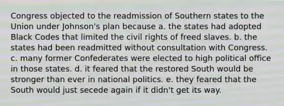 Congress objected to the readmission of Southern states to the Union under Johnson's plan because a. the states had adopted Black Codes that limited the civil rights of freed slaves. b. the states had been readmitted without consultation with Congress. c. many former Confederates were elected to high political office in those states. d. it feared that the restored South would be stronger than ever in national politics. e. they feared that the South would just secede again if it didn't get its way.