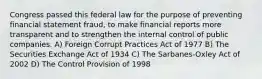 Congress passed this federal law for the purpose of preventing financial statement fraud, to make financial reports more transparent and to strengthen the internal control of public companies. A) Foreign Corrupt Practices Act of 1977 B) The Securities Exchange Act of 1934 C) The Sarbanes-Oxley Act of 2002 D) The Control Provision of 1998