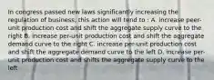 In congress passed new laws significantly increasing the regulation of business, this action will tend to : A. increase peer-unit production cost and shift the aggregate supply curve to the right B. increase per-unit production cost and shift the aggregate demand curve to the right C. increase per-unit production cost and shift the aggregate demand curve to the left D. increase per-unit production cost and shifts the aggregate supply curve to the left