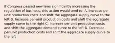 If Congress passed new laws significantly increasing the regulation of business, this action would tend to: A. Increase per-unit production costs and shift the aggregate supply curve to the left B. Increase per-unit production costs and shift the aggregate supply curve to the right C. Increase per-unit production costs and shift the aggregate demand curve to the left D. Decrease per-unit production costs and shift the aggregate supply curve to the left