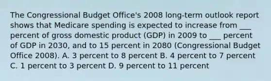 The Congressional Budget Office's 2008 long-term outlook report shows that Medicare spending is expected to increase from ___ percent of gross domestic product (GDP) in 2009 to ___ percent of GDP in 2030, and to 15 percent in 2080 (Congressional Budget Office 2008). A. 3 percent to 8 percent B. 4 percent to 7 percent C. 1 percent to 3 percent D. 9 percent to 11 percent