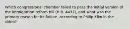 Which congressional chamber failed to pass the initial version of the immigration reform bill (H.R. 4437), and what was the primary reason for its failure, according to Philip Kiko in the video?