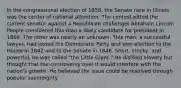 In the congressional election of 1858, the Senate race in Illinois was the center of national attention. The contest pitted the current senator against a Republican challenger Abraham Lincoln People considered this man a likely candidate for president in 1860. The other was nearly an unknown. This man, a successful lawyer, had joined the Democratic Party and won election to the House in 1842 and to the Senate in 1846. Short, stocky, and powerful, he was called "the Little Giant." He disliked slavery but thought that the controversy over it would interfere with the nation's growth. He believed the issue could be resolved through popular sovereignty.