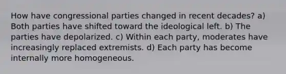 How have congressional parties changed in recent decades? a) Both parties have shifted toward the ideological left. b) The parties have depolarized. c) Within each party, moderates have increasingly replaced extremists. d) Each party has become internally more homogeneous.