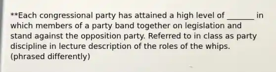 **Each congressional party has attained a high level of _______ in which members of a party band together on legislation and stand against the opposition party. Referred to in class as party discipline in lecture description of the roles of the whips. (phrased differently)