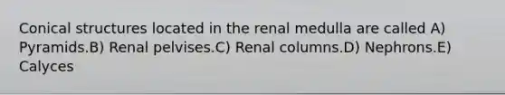 Conical structures located in the renal medulla are called A) Pyramids.B) Renal pelvises.C) Renal columns.D) Nephrons.E) Calyces