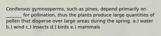 Coniferous gymnosperms, such as pines, depend primarily on _______ for pollination, thus the plants produce large quantities of pollen that disperse over large areas during the spring. a.) water b.) wind c.) insects d.) birds e.) mammals