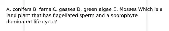 A. conifers B. ferns C. gasses D. green algae E. Mosses Which is a land plant that has flagellated sperm and a sporophyte- dominated life cycle?