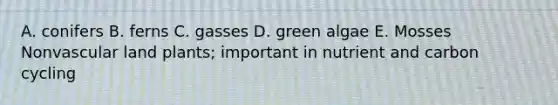 A. conifers B. ferns C. gasses D. green algae E. Mosses Nonvascular land plants; important in nutrient and carbon cycling