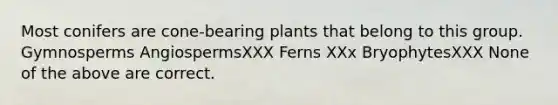 Most conifers are cone-bearing plants that belong to this group. Gymnosperms AngiospermsXXX Ferns XXx BryophytesXXX None of the above are correct.