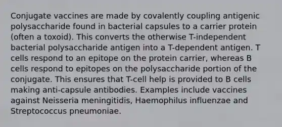 Conjugate vaccines are made by covalently coupling antigenic polysaccharide found in bacterial capsules to a carrier protein (often a toxoid). This converts the otherwise T-independent bacterial polysaccharide antigen into a T-dependent antigen. T cells respond to an epitope on the protein carrier, whereas B cells respond to epitopes on the polysaccharide portion of the conjugate. This ensures that T-cell help is provided to B cells making anti-capsule antibodies. Examples include vaccines against Neisseria meningitidis, Haemophilus influenzae and Streptococcus pneumoniae.