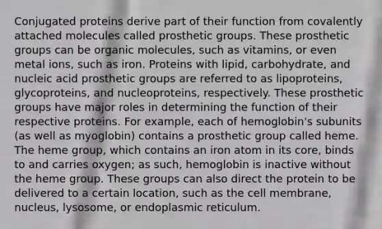 Conjugated proteins derive part of their function from covalently attached molecules called prosthetic groups. These prosthetic groups can be <a href='https://www.questionai.com/knowledge/kjUwUacPFG-organic-molecules' class='anchor-knowledge'>organic molecules</a>, such as vitamins, or even metal ions, such as iron. Proteins with lipid, carbohydrate, and nucleic acid prosthetic groups are referred to as lipoproteins, glycoproteins, and nucleoproteins, respectively. These prosthetic groups have major roles in determining the function of their respective proteins. For example, each of hemoglobin's subunits (as well as myoglobin) contains a prosthetic group called heme. The heme group, which contains an iron atom in its core, binds to and carries oxygen; as such, hemoglobin is inactive without the heme group. These groups can also direct the protein to be delivered to a certain location, such as the cell membrane, nucleus, lysosome, or endoplasmic reticulum.