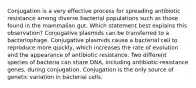 Conjugation is a very effective process for spreading antibiotic resistance among diverse bacterial populations such as those found in the mammalian gut. Which statement best explains this observation? Conjugative plasmids can be transferred to a bacteriophage. Conjugative plasmids cause a bacterial cell to reproduce more quickly, which increases the rate of evolution and the appearance of antibiotic resistance. Two different species of bacteria can share DNA, including antibiotic-resistance genes, during conjugation. Conjugation is the only source of genetic variation in bacterial cells.