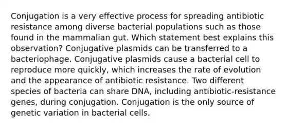 Conjugation is a very effective process for spreading antibiotic resistance among diverse bacterial populations such as those found in the mammalian gut. Which statement best explains this observation? Conjugative plasmids can be transferred to a bacteriophage. Conjugative plasmids cause a bacterial cell to reproduce more quickly, which increases the rate of evolution and the appearance of antibiotic resistance. Two different species of bacteria can share DNA, including antibiotic-resistance genes, during conjugation. Conjugation is the only source of genetic variation in bacterial cells.