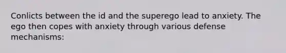 Conlicts between the id and the superego lead to anxiety. The ego then copes with anxiety through various defense mechanisms: