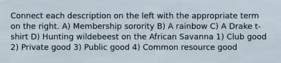 Connect each description on the left with the appropriate term on the right. A) Membership sorority B) A rainbow C) A Drake t-shirt D) Hunting wildebeest on the African Savanna 1) Club good 2) Private good 3) Public good 4) Common resource good