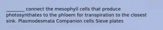 ________ connect the mesophyll cells that produce photosynthates to the phloem for transpiration to the closest sink. Plasmodesmata Companion cells Sieve plates