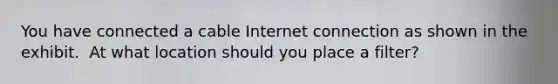 You have connected a cable Internet connection as shown in the exhibit. ​ At what location should you place a filter?