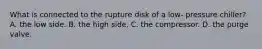 What is connected to the rupture disk of a low- pressure chiller? A. the low side. B. the high side. C. the compressor. D. the purge valve.