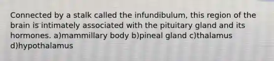 Connected by a stalk called the infundibulum, this region of the brain is intimately associated with the pituitary gland and its hormones. a)mammillary body b)pineal gland c)thalamus d)hypothalamus