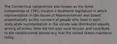 The Connecticut compromise also known as the Great Compromise of 1787, created a bicameral legislature in which representation in the House of Representatives was based proportionally on the numbers of people who lived in each state,while representation in the senate was distributed equally among all states. How did this plan ease tension and contribute to the constitutional democracy that the United States maintains today.