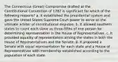 The Connecticut (Great) Compromise drafted at the Constitutional Convention of 1787 is significant for which of the following reasons? a. It established the presidential system and gave the United States Supreme Court power to serve as the ultimate arbiter of constitutional disputes. b. It allowed southern states to count each slave as three-fifths of one person for determining representation in the House of Representatives. c. It provided equality of representation among the states in both the House of Representatives and the Senate. d. It proposed a Senate with equal representation for each state and a House of Representatives with membership established according to the population of each state.