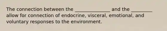 The connection between the _______________ and the _________ allow for connection of endocrine, visceral, emotional, and voluntary responses to the environment.