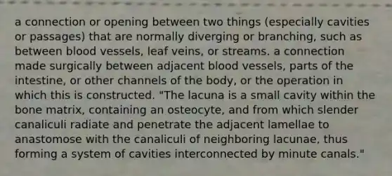 a connection or opening between two things (especially cavities or passages) that are normally diverging or branching, such as between <a href='https://www.questionai.com/knowledge/kZJ3mNKN7P-blood-vessels' class='anchor-knowledge'>blood vessels</a>, leaf veins, or streams. a connection made surgically between adjacent blood vessels, parts of the intestine, or other channels of the body, or the operation in which this is constructed. "The lacuna is a small cavity within the bone matrix, containing an osteocyte, and from which slender canaliculi radiate and penetrate the adjacent lamellae to anastomose with the canaliculi of neighboring lacunae, thus forming a system of cavities interconnected by minute canals."