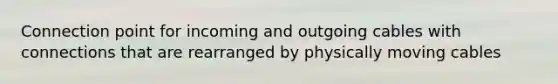 Connection point for incoming and outgoing cables with connections that are rearranged by physically moving cables