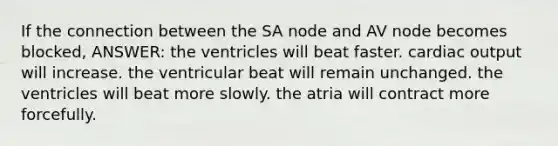 If the connection between the SA node and AV node becomes blocked, ANSWER: the ventricles will beat faster. cardiac output will increase. the ventricular beat will remain unchanged. the ventricles will beat more slowly. the atria will contract more forcefully.