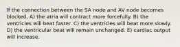 If the connection between the SA node and AV node becomes blocked, A) the atria will contract more forcefully. B) the ventricles will beat faster. C) the ventricles will beat more slowly. D) the ventricular beat will remain unchanged. E) cardiac output will increase.