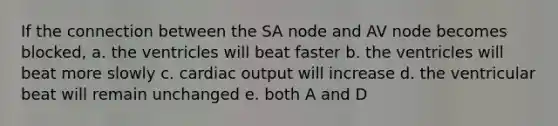 If the connection between the SA node and AV node becomes blocked, a. the ventricles will beat faster b. the ventricles will beat more slowly c. cardiac output will increase d. the ventricular beat will remain unchanged e. both A and D