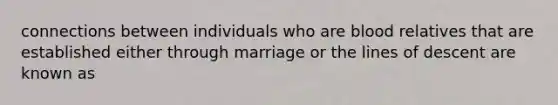 connections between individuals who are blood relatives that are established either through marriage or the lines of descent are known as