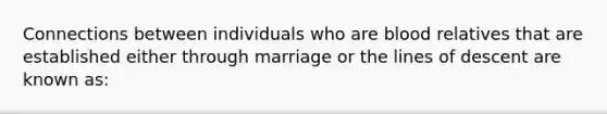 Connections between individuals who are blood relatives that are established either through marriage or the lines of descent are known as: