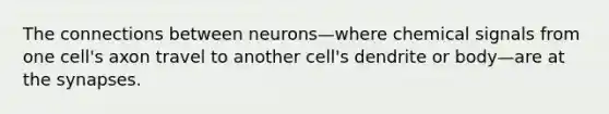 The connections between neurons—where chemical signals from one cell's axon travel to another cell's dendrite or body—are at the synapses.