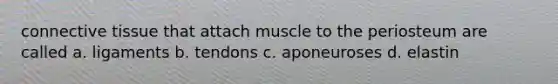 connective tissue that attach muscle to the periosteum are called a. ligaments b. tendons c. aponeuroses d. elastin