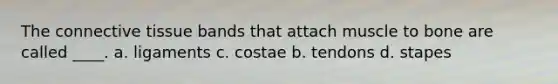 The <a href='https://www.questionai.com/knowledge/kYDr0DHyc8-connective-tissue' class='anchor-knowledge'>connective tissue</a> bands that attach muscle to bone are called ____. a. ligaments c. costae b. tendons d. stapes