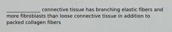 ______________ <a href='https://www.questionai.com/knowledge/kYDr0DHyc8-connective-tissue' class='anchor-knowledge'>connective tissue</a> has branching elastic fibers and more fibroblasts than loose connective tissue in addition to packed collagen fibers