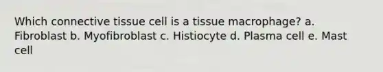 Which <a href='https://www.questionai.com/knowledge/kYDr0DHyc8-connective-tissue' class='anchor-knowledge'>connective tissue</a> cell is a tissue macrophage? a. Fibroblast b. Myofibroblast c. Histiocyte d. Plasma cell e. Mast cell