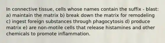 In connective tissue, cells whose names contain the suffix - blast: a) maintain the matrix b) break down the matrix for remodeling c) ingest foreign substances through phagocytosis d) produce matrix e) are non-motile cells that release histamines and other chemicals to promote inflammation.