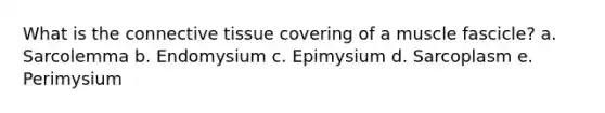 What is the <a href='https://www.questionai.com/knowledge/kYDr0DHyc8-connective-tissue' class='anchor-knowledge'>connective tissue</a> covering of a muscle fascicle? a. Sarcolemma b. Endomysium c. Epimysium d. Sarcoplasm e. Perimysium