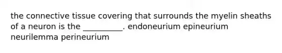 the connective tissue covering that surrounds the myelin sheaths of a neuron is the __________. endoneurium epineurium neurilemma perineurium