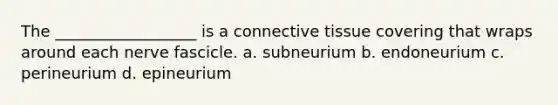 The __________________ is a connective tissue covering that wraps around each nerve fascicle. a. subneurium b. endoneurium c. perineurium d. epineurium