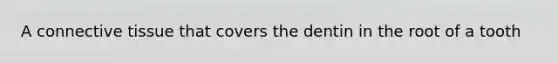 A connective tissue that covers the dentin in the root of a tooth