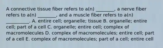 A connective tissue fiber refers to a(n) ________, a nerve fiber refers to a(n) ________, and a muscle fiber refers to a(n) __________. A. entire cell; organelle; tissue B. organelle; entire cell; part of a cell C. organelle; entire cell; complex of macromolecules D. complex of macromolecules; entire cell; part of a cell E. complex of macromolecules; part of a cell; entire cell